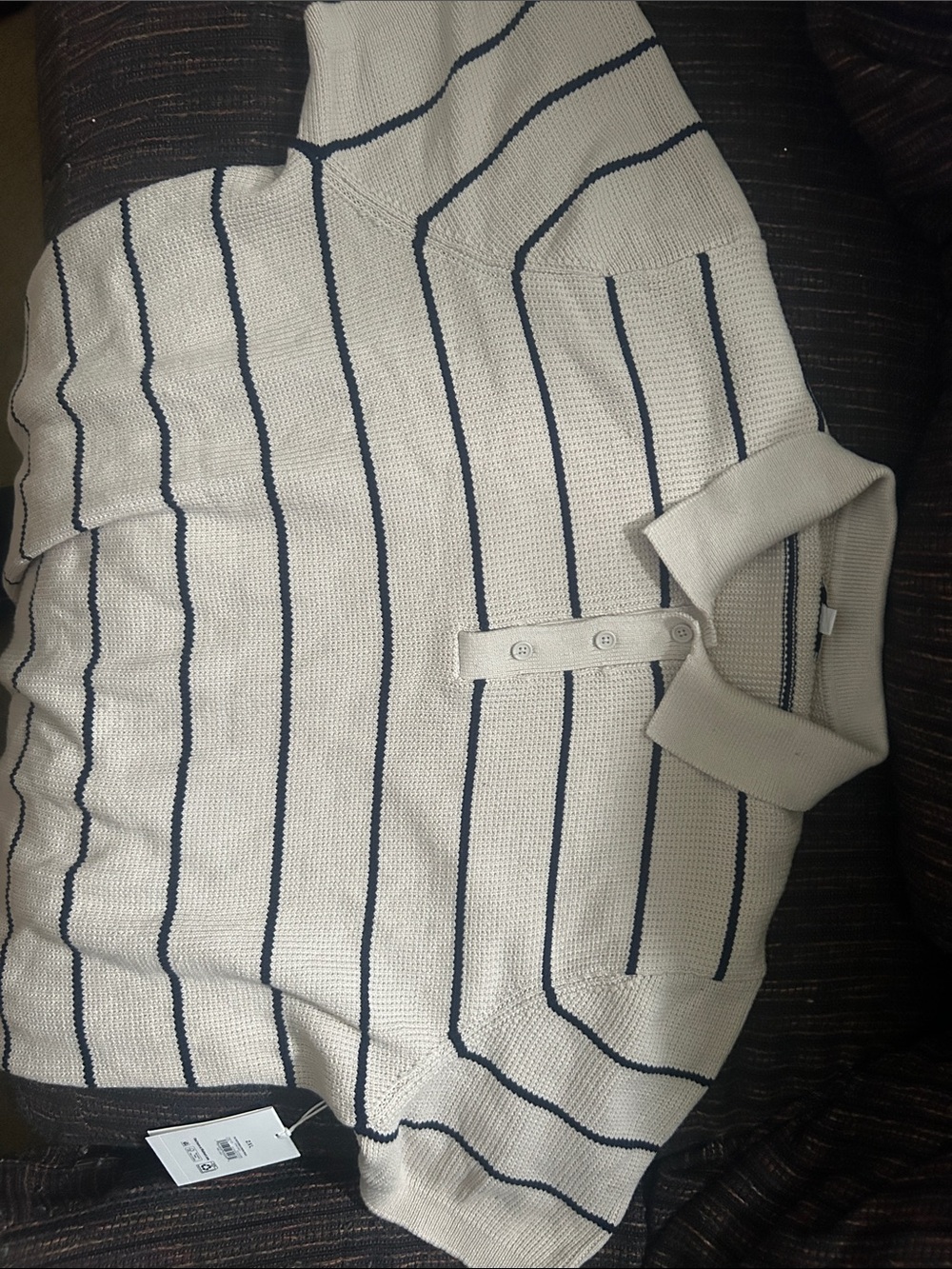 Men's Cream V-Neck Polo Sweater with Navy Stripes
